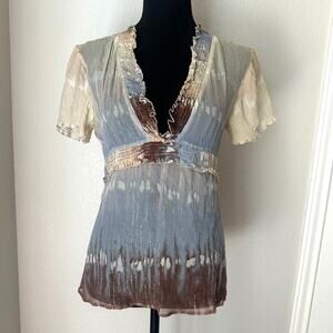 Y2K fairy silk babydoll top, BCBGMAXAZRIA, fall whimsical blue/brown/gold, Small